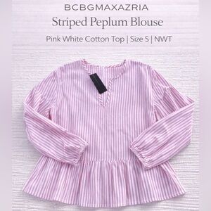 BCBGMAXAZRIA Striped Peplum Blouse Pink White Cotton Top Size S NWT
